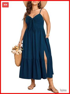 Plus Size Maxi Sun Dress with Pockets, Spaghetti Strap Tie Front Smocked Ruffle